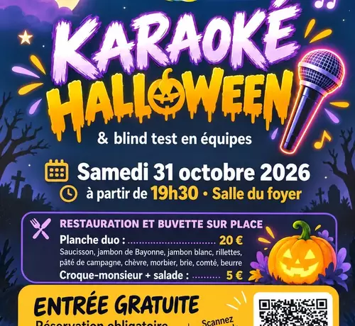 Soirée Karaoké halloween samedi 31 octobre 2026 à partir de 19h30 à la salle du foyer rural.