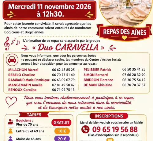 Information sur le repas des ainés le mercredi 11 novembre 2026 à 12h30 salle du foyer rural.